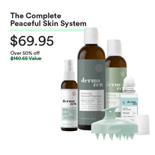 Load image into Gallery viewer, Dermazen “Complete Peaceful Skin System” priced at $69.95, over 50% off ($140.65 value), featuring four products and a scalp brush.
