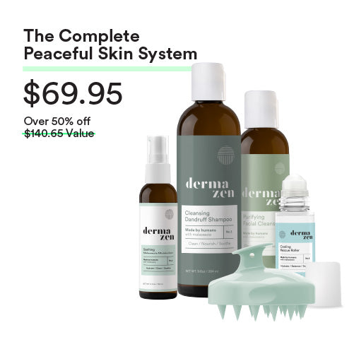 Dermazen “Complete Peaceful Skin System” priced at $69.95, over 50% off ($140.65 value), featuring four products and a scalp brush.