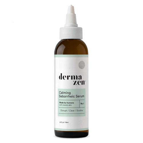 Bottle of Dermazen Calming Seborrheic Serum, 4 fl oz, with the text “Made by humans with moody skin” on the label.