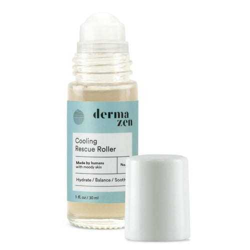 Dermazen Cooling Rescue Roller, 1 fl oz, with the cap off, on a white background.