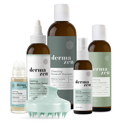 Dermazen Peaceful Skin System products including Cooling Rescue Roller, Calming Seborrheic Serum, Cleansing Dandruff Shampoo, Soothing Malassezia Moisturizer, Purifying Facial Cleanser, and a scalp brush.