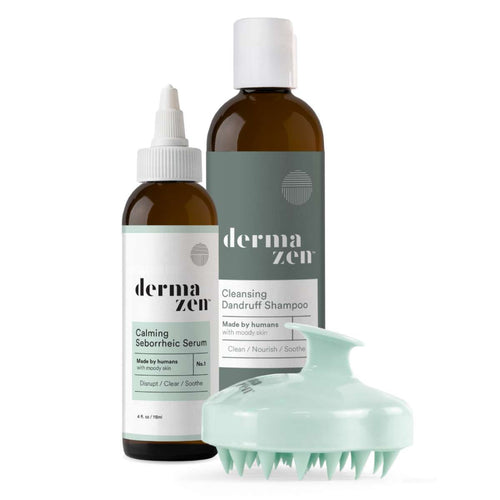 Dermazen Scalp Relief System including Calming Seborrheic Serum, Cleansing Dandruff Shampoo, and a scalp brush.