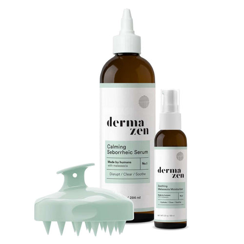 Dermazen set including Calming Seborrheic Serum (8 fl oz), Soothing Malassezia Moisturizer (2 fl oz), and a light green silicone scalp scrubber.